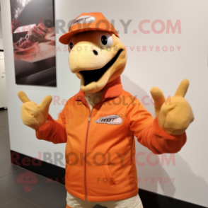 Peach Velociraptor mascot costume character dressed with a Long Sleeve Tee and Caps