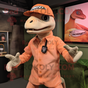 Peach Velociraptor mascot costume character dressed with a Long Sleeve Tee and Caps