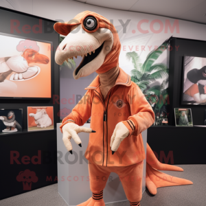 Peach Velociraptor mascot costume character dressed with a Long Sleeve Tee and Caps