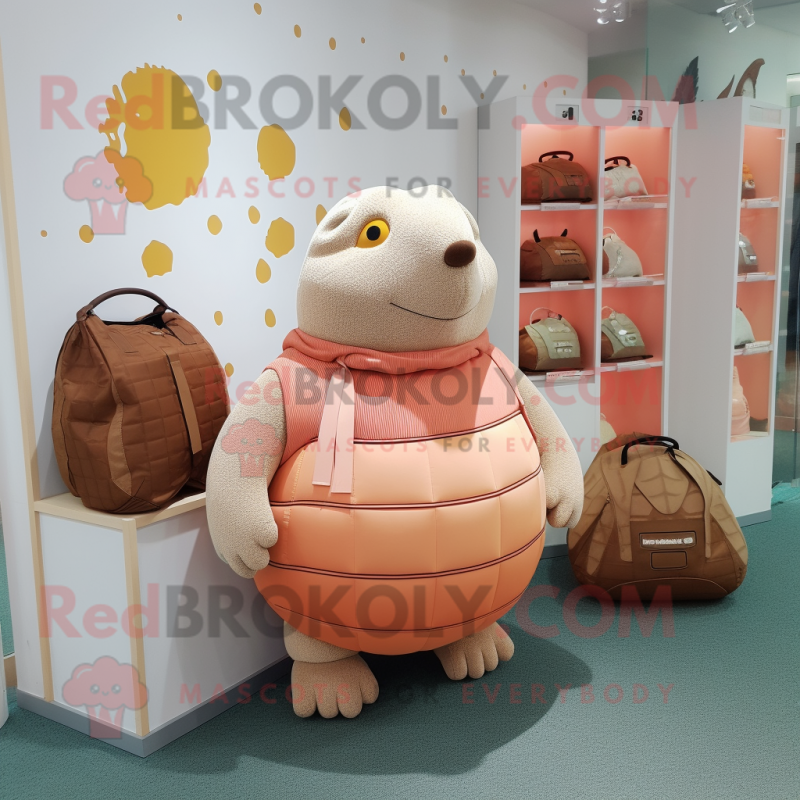 Peach Glyptodon mascot costume character dressed with a Cardigan and Clutch bags