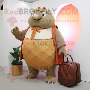 Peach Glyptodon mascot costume character dressed with a Cardigan and Clutch bags