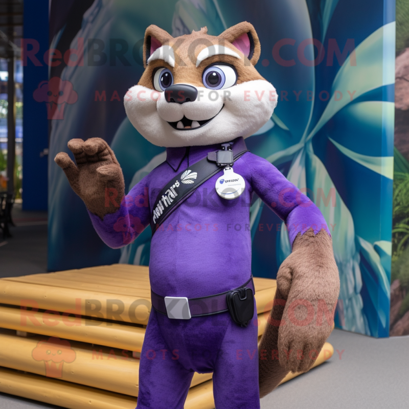 Purple Marten mascot costume character dressed with a Bikini and Belts