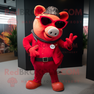 Red Sow mascot costume character dressed with a Suit Pants and Sunglasses