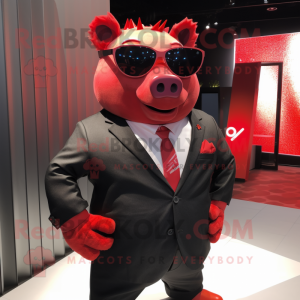 Red Sow mascot costume character dressed with a Suit Pants and Sunglasses