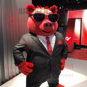 Red Sow mascot costume character dressed with a Suit Pants and Sunglasses