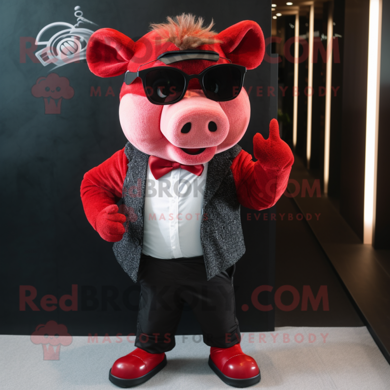 Red Sow mascot costume character dressed with a Suit Pants and Sunglasses