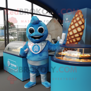 Blue Croissant mascot costume character dressed with a Playsuit and Bracelet watches
