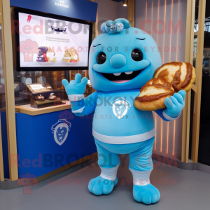 Blue Croissant mascot costume character dressed with a Playsuit and Bracelet watches