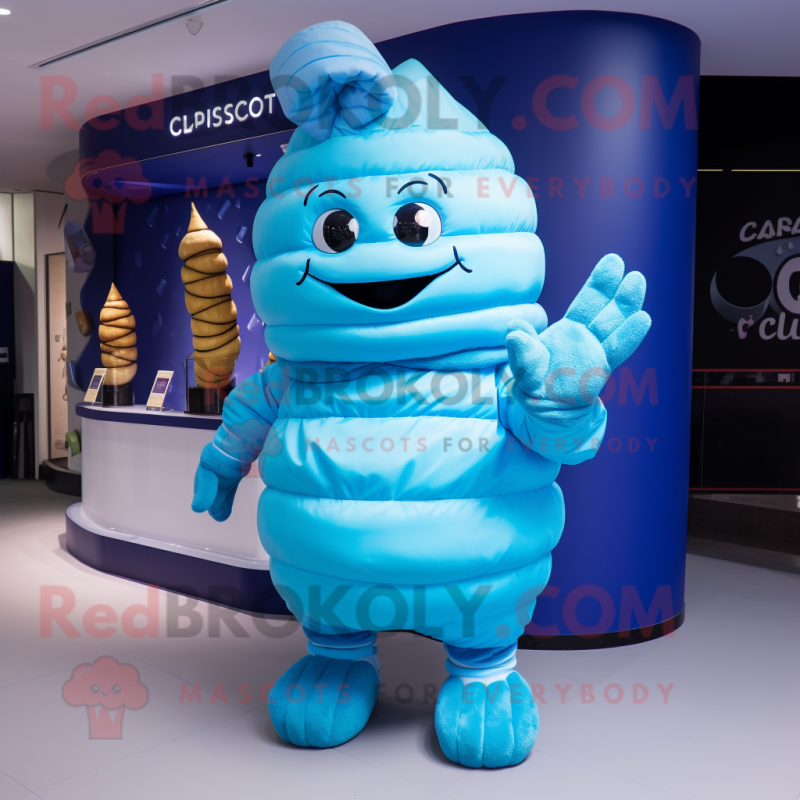 Blue Croissant mascot costume character dressed with a Playsuit and Bracelet watches