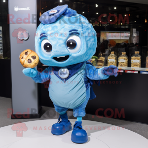 Blue Croissant mascot costume character dressed with a Playsuit and Bracelet watches