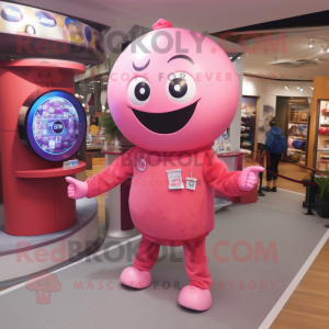 Pink Human Cannon Ball mascot costume character dressed with a Cardigan and Bracelet watches