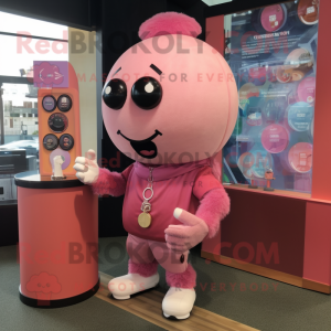 Pink Human Cannon Ball mascot costume character dressed with a Cardigan and Bracelet watches