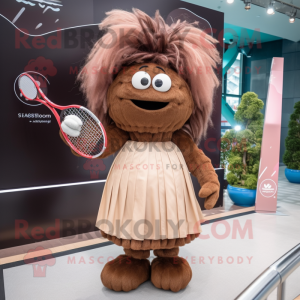 Brown Tennis Racket mascot costume character dressed with a Ball Gown and Hairpins