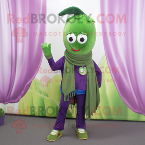Forest Green Eggplant mascot costume character dressed with a Flare Jeans and Scarf clips