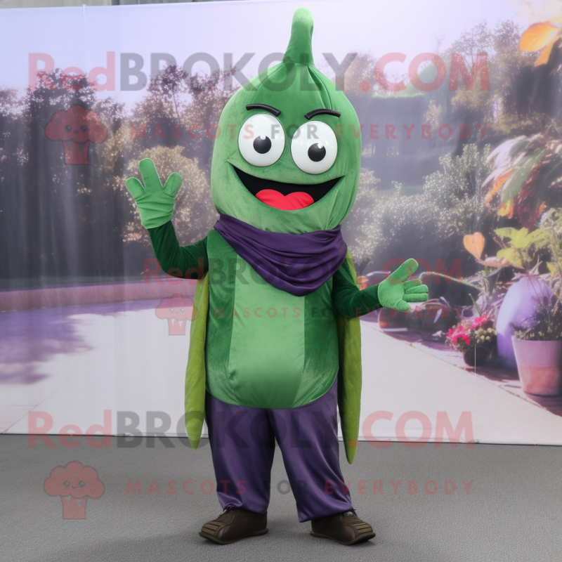 Forest Green Eggplant mascot costume character dressed with a Flare Jeans and Scarf clips