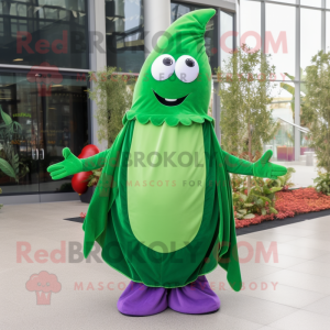 Forest Green Eggplant mascot costume character dressed with a Flare Jeans and Scarf clips