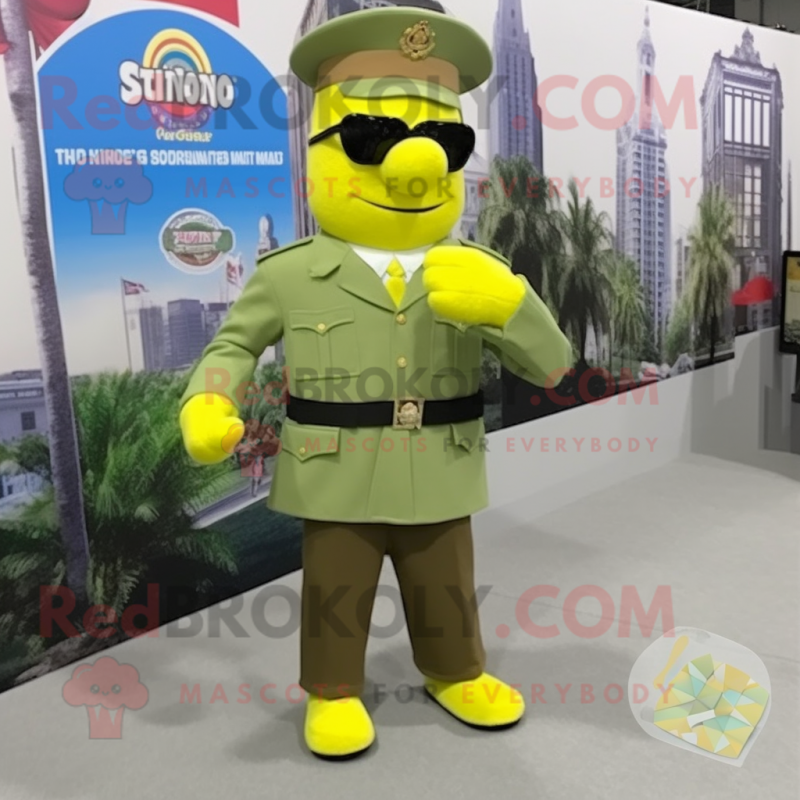 Lemon Yellow Green Beret mascot costume character dressed with a Dress Shirt and Lapel pins