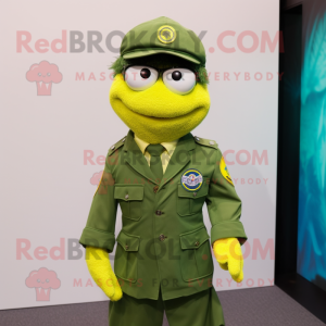 Lemon Yellow Green Beret mascot costume character dressed with a Dress Shirt and Lapel pins