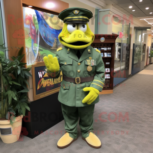 Lemon Yellow Green Beret mascot costume character dressed with a Dress Shirt and Lapel pins