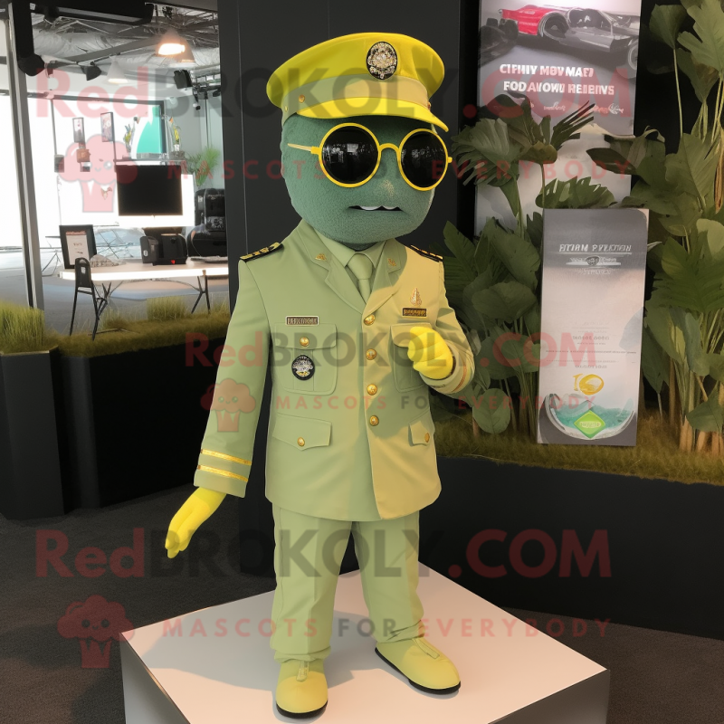 Lemon Yellow Green Beret mascot costume character dressed with a Dress Shirt and Lapel pins Lemon Yellow Green Beret mascot costume character dressed with a Dress Shirt and Lapel pins