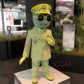 Lemon Yellow Green Beret mascot costume character dressed with a Dress Shirt and Lapel pins