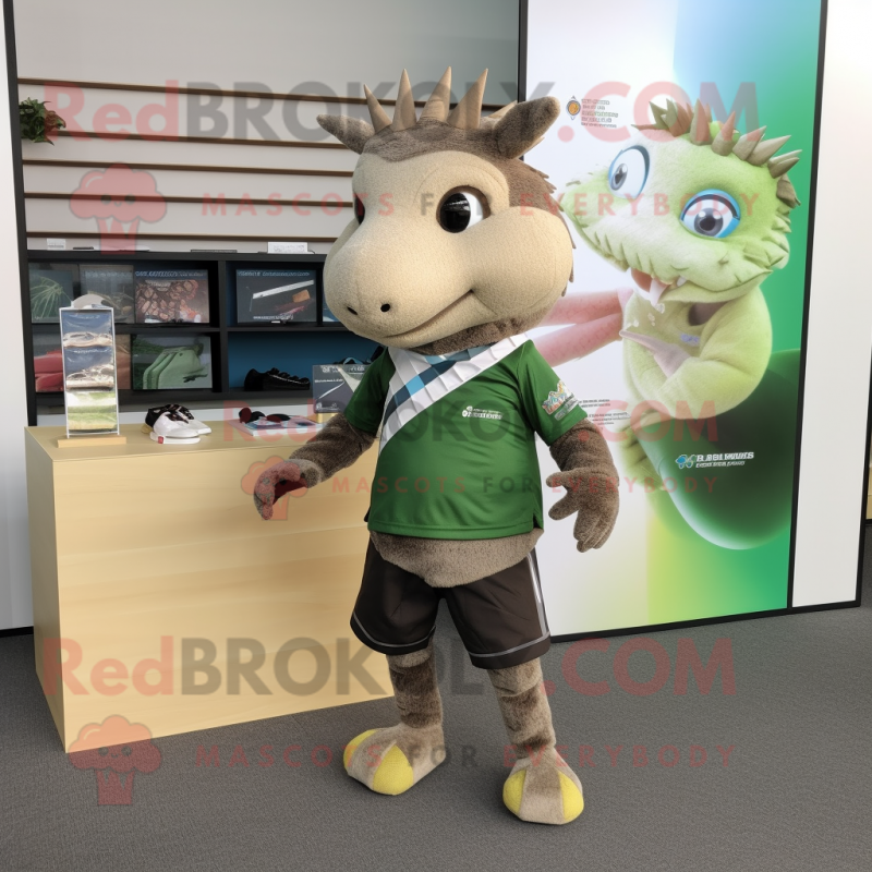 Olive Armadillo mascot costume character dressed with a Running Shorts and Tie pins Olive Armadillo mascot costume character dressed with a Running Shorts and Tie pins