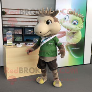 Olive Armadillo mascot costume character dressed with a Running Shorts and Tie pins