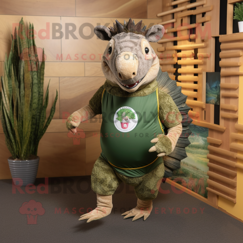 Olive Armadillo mascot costume character dressed with a Running Shorts and Tie pins Olive Armadillo mascot costume character dressed with a Running Shorts and Tie pins
