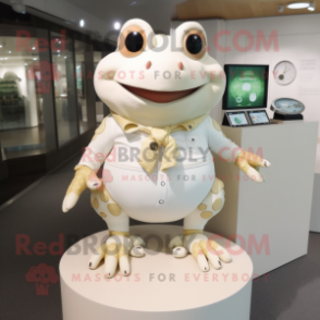 Cream Frog mascot costume character dressed with a Culottes and Bracelet watches