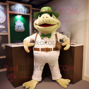 Cream Frog mascot costume character dressed with a Culottes and Bracelet watches