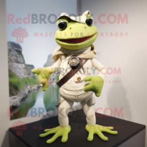 Cream Frog mascot costume character dressed with a Culottes and Bracelet watches