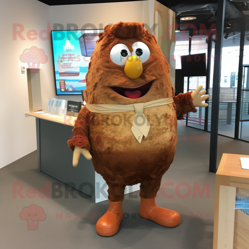 Brown Chicken Parmesan mascot costume character dressed with a Bodysuit and Suspenders