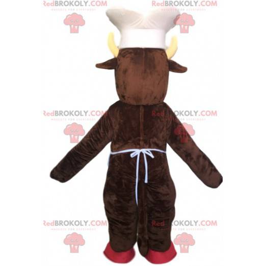 Mascota de jabalí marrón con gorro de cocinero y delantal