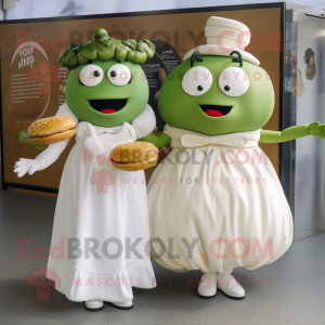 Olive Burgers mascot costume character dressed with a Wedding Dress and Brooches