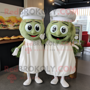 Olive Burgers mascot costume character dressed with a Wedding Dress and Brooches