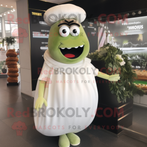 Olive Burgers mascot costume character dressed with a Wedding Dress and Brooches