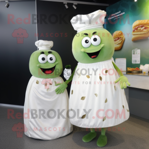 Olive Burgers mascot costume character dressed with a Wedding Dress and Brooches