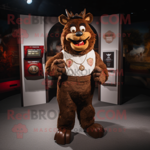 Brown Goulash mascot costume character dressed with a T-Shirt and Coin purses