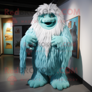 Turquoise Yeti mascot costume character dressed with a Poplin Shirt and Shawl pins