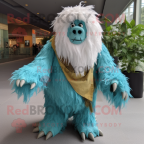 Turquoise Yeti mascot costume character dressed with a Poplin Shirt and Shawl pins