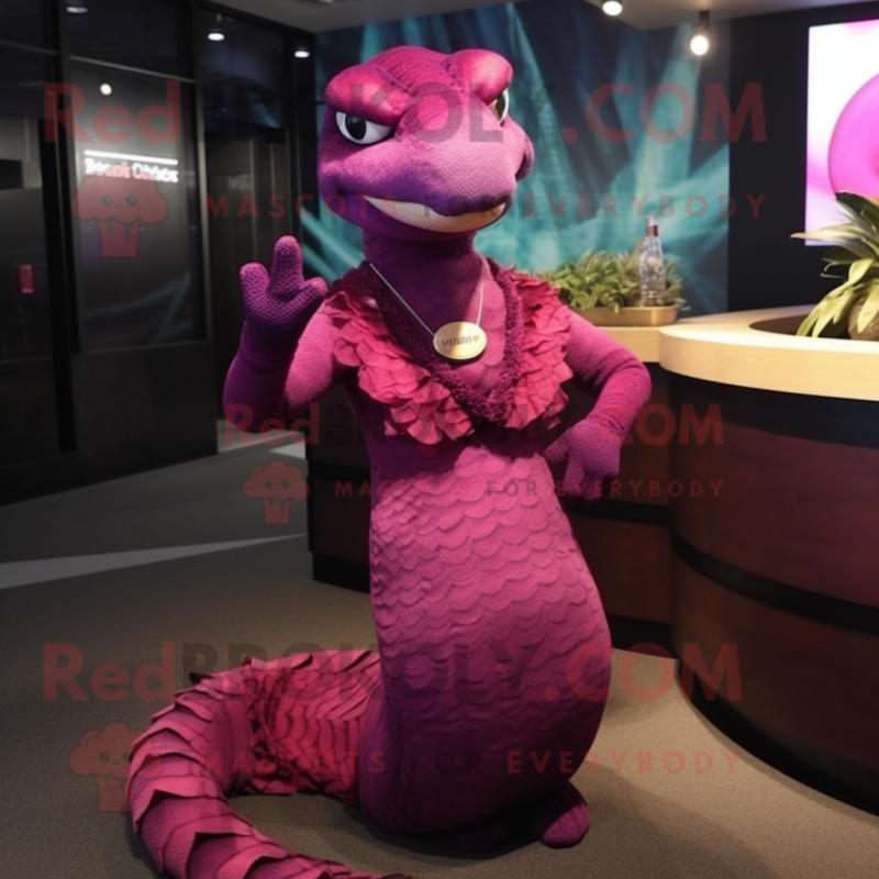 Magenta Titanoboa mascot costume character dressed with a Cocktail Dress and Bracelet watches Magenta Titanoboa mascot costume character dressed with a Cocktail Dress and Bracelet watches