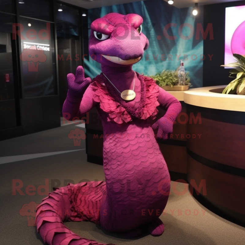 Magenta Titanoboa mascot costume character dressed with a Cocktail Dress and Bracelet watches