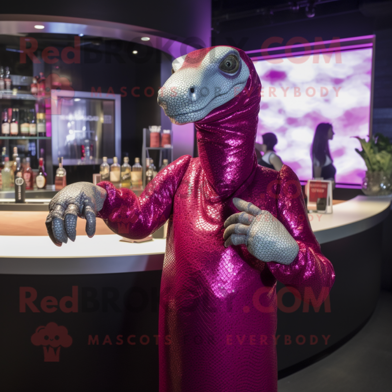 Magenta Titanoboa mascot costume character dressed with a Cocktail Dress and Bracelet watches