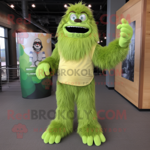 Lime Green Sasquatch mascot costume character dressed with a Bootcut Jeans and Foot pads