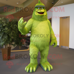 Lime Green Sasquatch mascot costume character dressed with a Bootcut Jeans and Foot pads