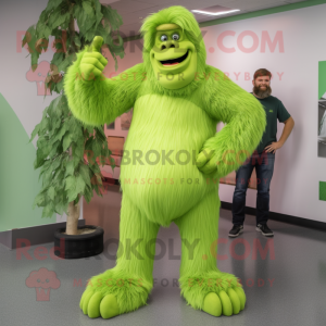Lime Green Sasquatch mascot costume character dressed with a Bootcut Jeans and Foot pads