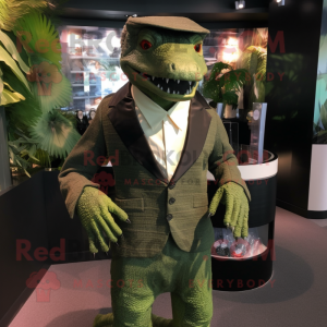 Olive Komodo Dragon mascot costume character dressed with a Suit Jacket and Brooches