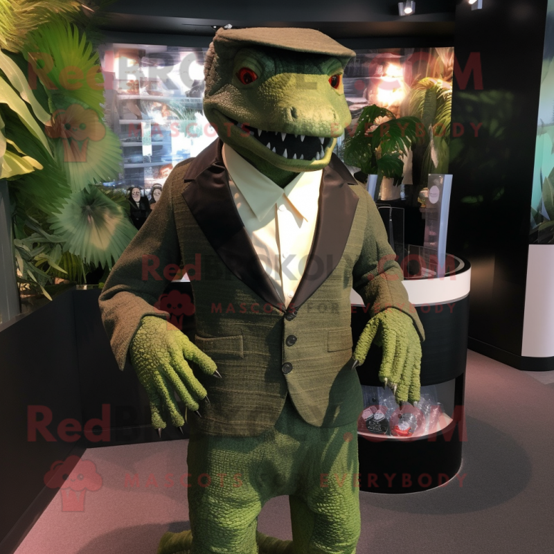 Olive Komodo Dragon mascot costume character dressed with a Suit Jacket and Brooches Olive Komodo Dragon mascot costume character dressed with a Suit Jacket and Brooches
