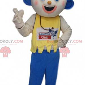 Mascote engraçado do boneco de neve com orelhas azuis -
