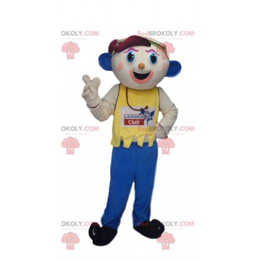 Mascotte de bonhomme rigolo avec des oreilles bleues -